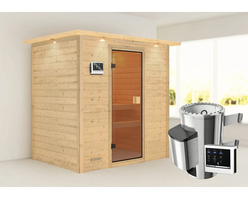 Sauna Plug & Play Karibu Selena avec poêle 3,6 kW avec commande ext. avec couronne et porte entièrement vitrée couleur bronze