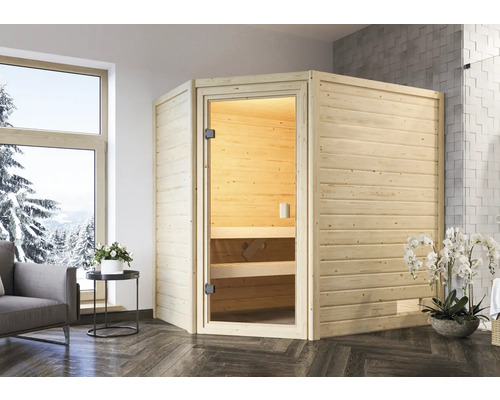 Sauna en bois massif Karibu Jella sans poêle ni couronne avec porte entièrement vitrée couleur bronze