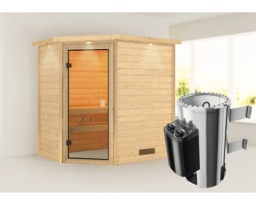 Sauna Woodfeeling Jella inkl.3,6 kW Ofen u.integr.Steuerung mit Dachkranz und bronzierter Ganzglastüre