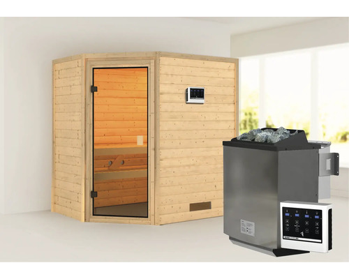 Sauna en madriers Karibu Jella avec poêle bio 9 kW et commande ext. sans couronne avec porte entièrement vitrée couleur bronze