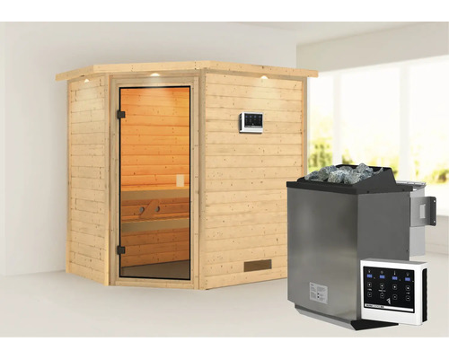 Sauna en madriers Karibu Jella avec poêle bio 9 kW et commande ext. avec couronne et porte entièrement vitrée couleur bronze