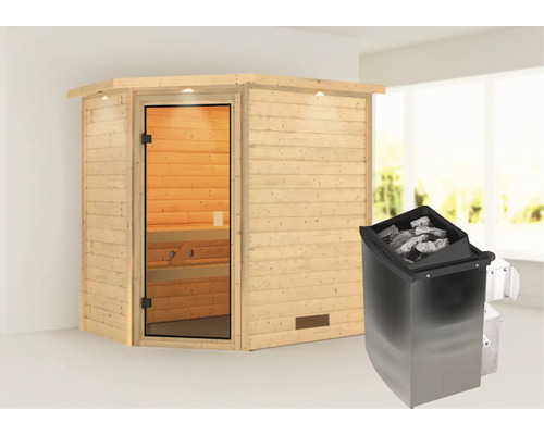 Sauna en madriers Karibu Jella avec poêle 9 kW et commande intégrée, avec couronne et porte entièrement vitrée couleur bronze