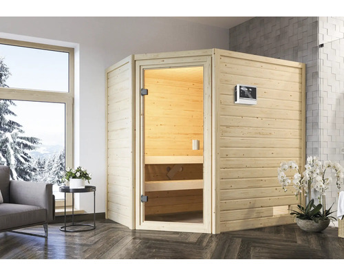 Sauna en madriers Karibu Jella avec poêle 9 kW et commande ext. sans couronne avec porte entièrement vitrée couleur bronze