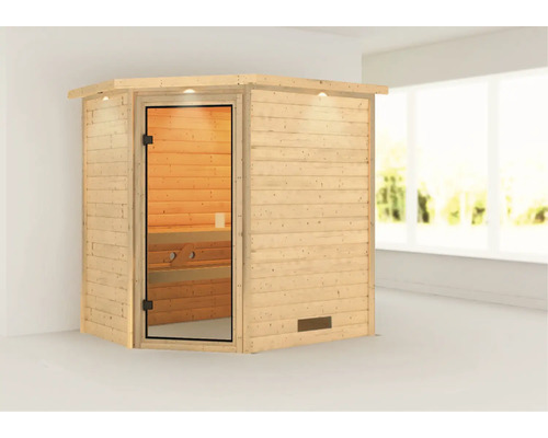 Sauna en bois massif Karibu Jella sans poêle avec couronne et porte entièrement vitrée couleur bronze