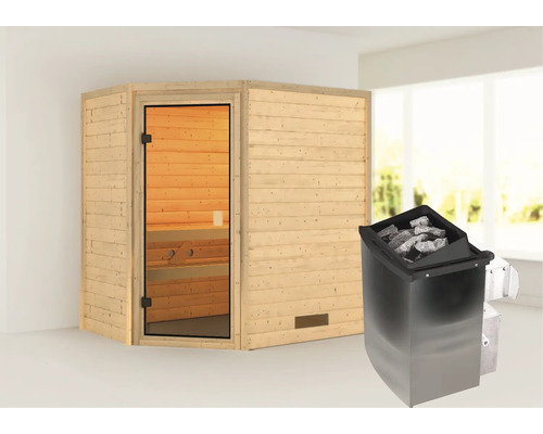 Sauna en madriers Karibu Jella avec poêle 9 kW et commande intégrée sans couronne avec porte entièrement vitrée couleur bronze