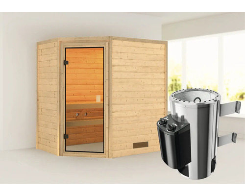 Sauna Woodfeeling Jella inkl.3,6 kW Ofen u.integr.Steuerung ohne Dachkranz mit bronzierter Ganzglastüre