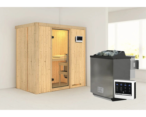 Sauna modulaire Karibu Mariado avec poêle bio 9 kW et commande externe sans couronne avec portes entièrement vitrées transparentes