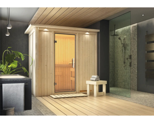 Sauna modulaire Karibu Mariado sans poêle avec couronne et portes entièrement vitrées transparentes