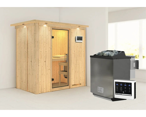 Sauna modulaire Karibu Mariado avec poêle bio 9 kW et commande externe avec couronne et portes entièrement vitrées transparentes