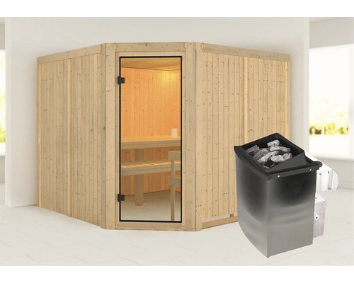 Sauna modulaire Karibu Ystadt avec poêle 9 kW avec commande intégrée sans couronne avec porte entièrement vitrée couleur bronze