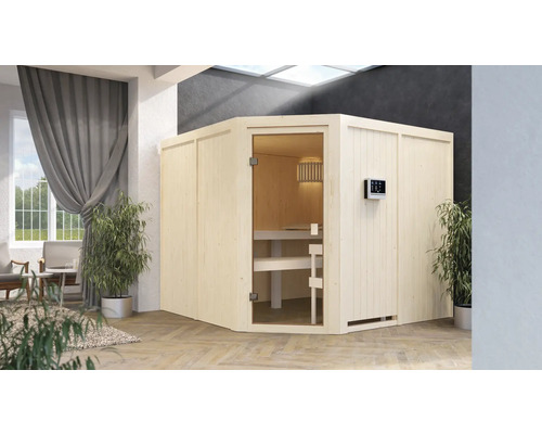 Sauna modulaire Karibu Ystadt avec poêle 9 kW avec commande ext. sans couronne avec porte entièrement vitrée couleur bronze