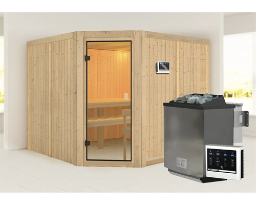 Sauna modulaire Karibu Ystadt avec poêle 9 kW bio avec commande ext. sans couronne avec porte entièrement vitrée couleur bronze