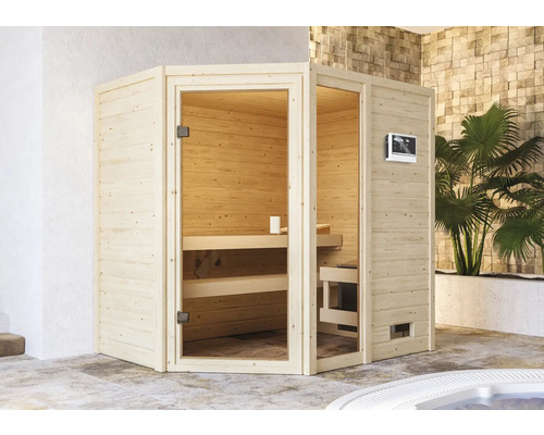 Sauna en madriers Karibu Jada avec poêle 9 kW et commande ext. sans couronne avec porte entièrement vitrée couleur bronze