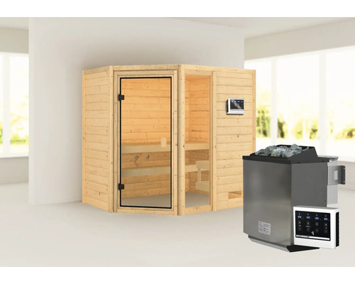 Sauna en madriers Karibu Jada avec poêle bio 9 kW et commande ext. sans couronne avec porte entièrement vitrée couleur bronze