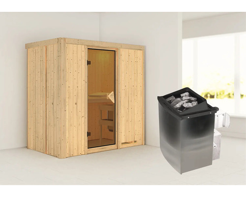 Elementsauna Karibu Mariado inkl. 9 kW Ofen u.integr.Steuerung ohne Dachkranz mit bronzierter Ganzglastür