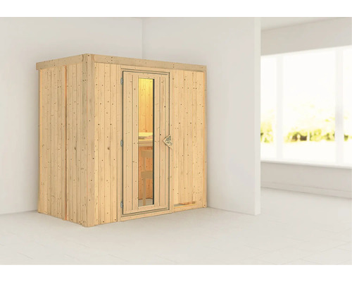 Sauna modulaire Karibu Mariado sans poêle ni couronne, avec porte en bois et verre isolé thermiquement