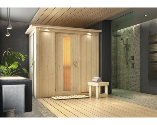 Sauna modulaire Karibu Mariado sans poêle, avec couronne et porte en bois avec verre isolé thermiquement