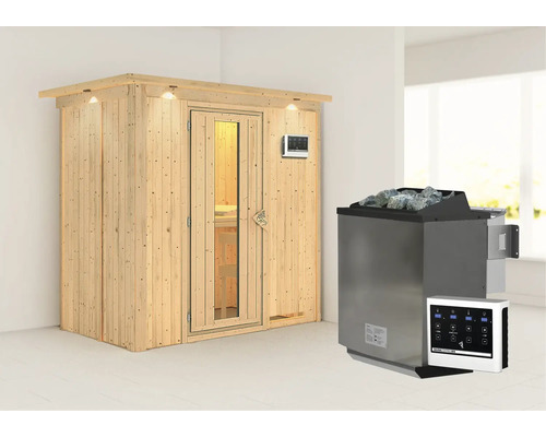 Sauna modulaire Karibu Mariado avec poêle bio 9 kW et commande externe, avec couronne et porte en bois avec verre isolé thermiquement