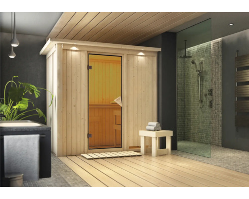 Sauna modulaire Karibu Mariado sans poêle, avec couronne et porte entièrement vitrée coloris bronze