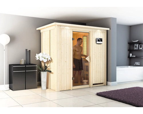 Sauna modulaire Karibu Mariado avec poêle bio 9 kW et commande externe, avec couronne et porte entièrement vitrée coloris bronze