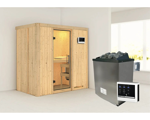 Sauna modulaire Karibu Mariado avec poêle 9 kW et commande externe sans couronne avec portes entièrement vitrées transparentes