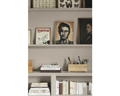 Étagère avec des livres, des images et des articles de bureau pour un bureau organisé