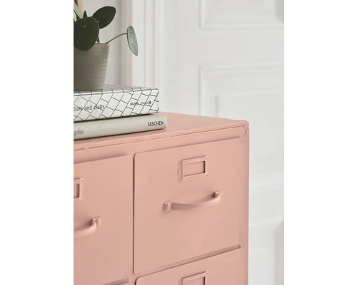 Classeur rose avec tiroirs, poignées et porte-étiquettes