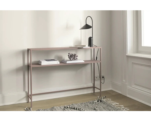 Table console décorative avec deux étagères, lampe et décoration