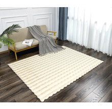 Wohnzimmer mit Couch und gemustertem, rechteckigem Teppich.