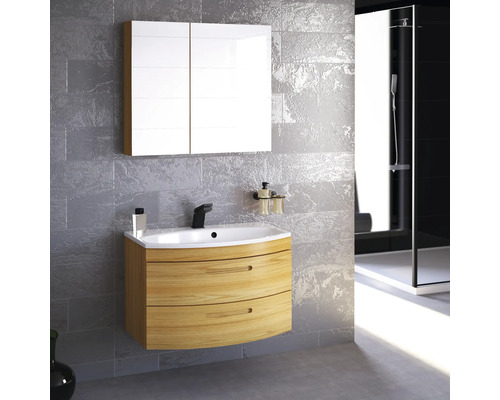 Modernes Badezimmer mit Waschtischunterschrank, Spiegelschrank und Dusche