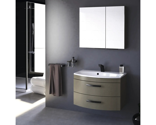 Salle de bain moderne avec meuble-lavabo, armoire de toilette, porte-serviettes et douche