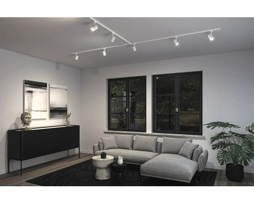 Salon avec éclairage sur rail flexible, canapé et décoration