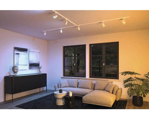 Salon moderne avec éclairage sur rail, canapé, commode et décoration