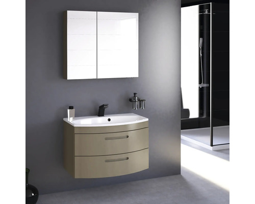 Salle de bains avec meuble sous-lavabo, lavabo, armoire de toilette et douche