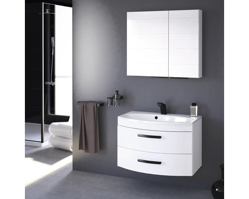 Modernes Badezimmer mit weissem Waschtisch, Spiegelschrank und Dusche