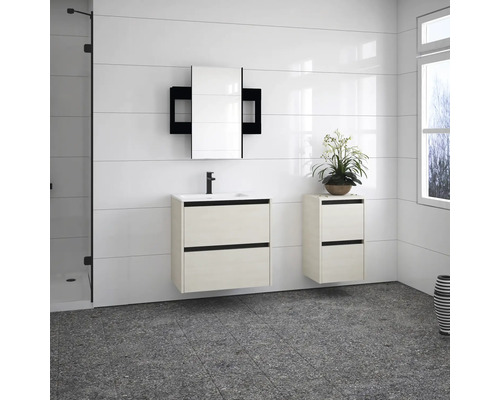 Badezimmer mit Waschtischunterschrank, Spiegelschrank und Hochschrank