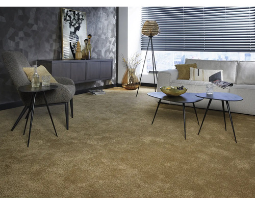 Wohnzimmer mit Teppichboden, Sofa, Sessel und Couchtischen.