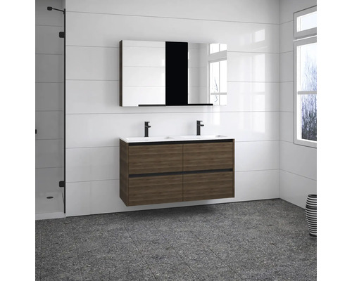 Salle de bains moderne avec meuble sous-lavabo, deux lavabos et armoire de toilette