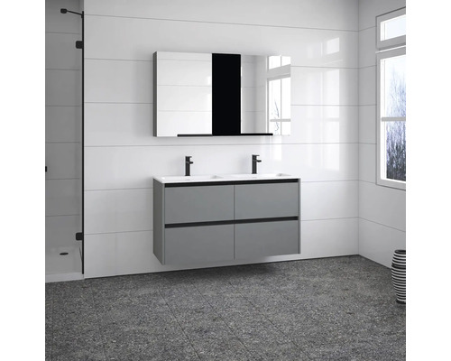 Salle de bains moderne avec meuble sous-vasque gris, double vasque et armoire de toilette