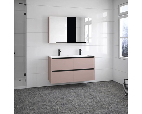 Salle de bain moderne avec meuble sous-lavabo double, armoire de toilette et douche
