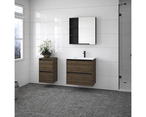 Salle de bains moderne avec meuble sous-lavabo, armoire de toilette et armoire à serviettes