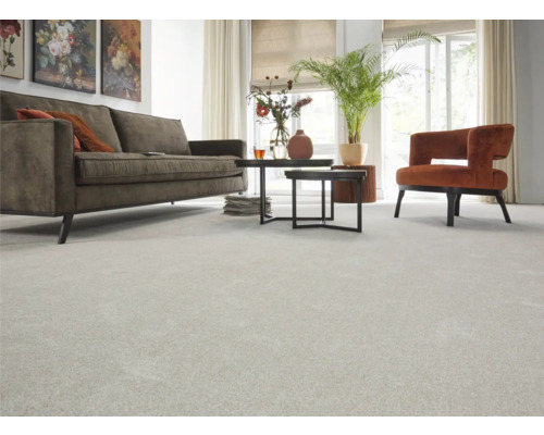 Wohnzimmer mit hellgrauem Teppichboden, braunem Sofa, Sessel, Tisch und Pflanzen