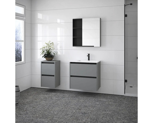 Salle de bain moderne avec meuble sous-lavabo, armoire de toilette et plante