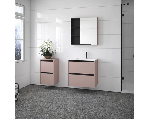Salle de bain moderne avec lavabo, meuble sous-lavabo et armoire de toilette