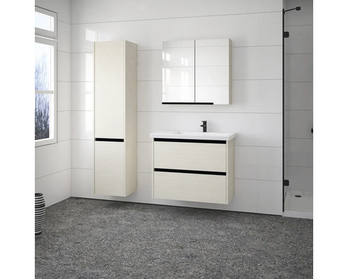 Salle de bains avec meuble-lavabo, armoire de toilette et armoire haute