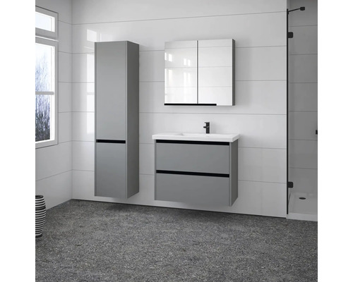 Salle de bains avec meuble sous-lavabo, armoire de toilette et armoire haute