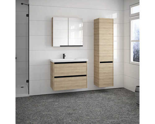 Salle de bain avec meuble sous-lavabo, armoire de toilette et armoire haute