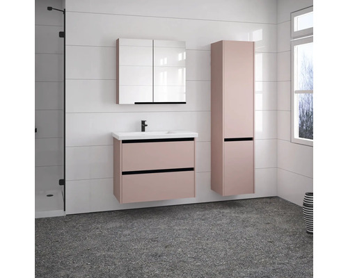 Salle de bains avec meuble-lavabo, armoire de toilette et armoire haute