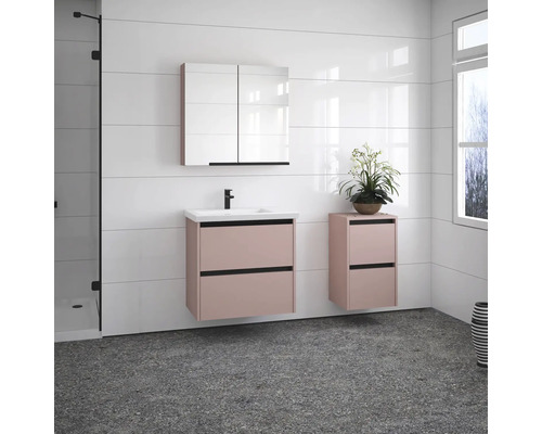Salle de bains avec meuble-lavabo, armoire de toilette et armoire haute dans un design clair