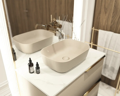 Meuble de salle de bains avec deux vasques à poser et robinetterie